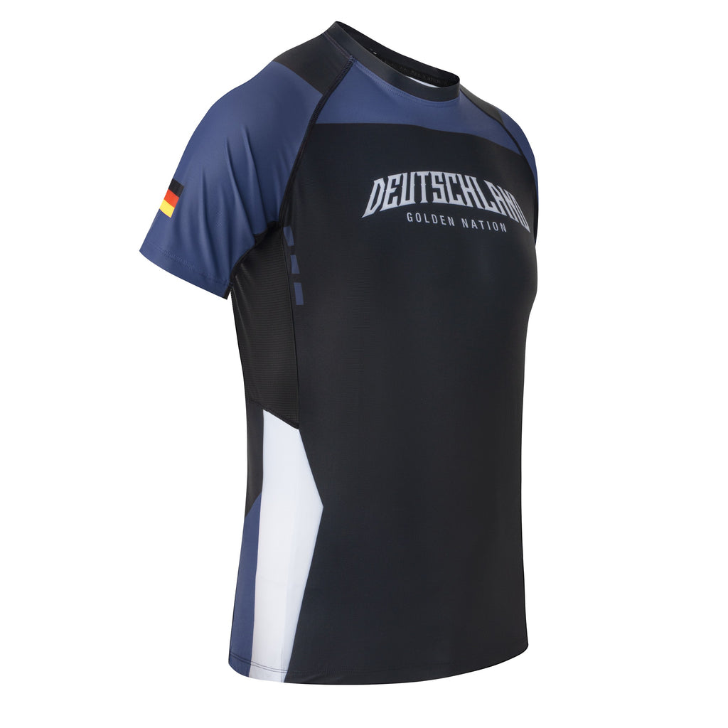 Golden Nation Deutschland Rashguard Blau – Vorderseite schräg